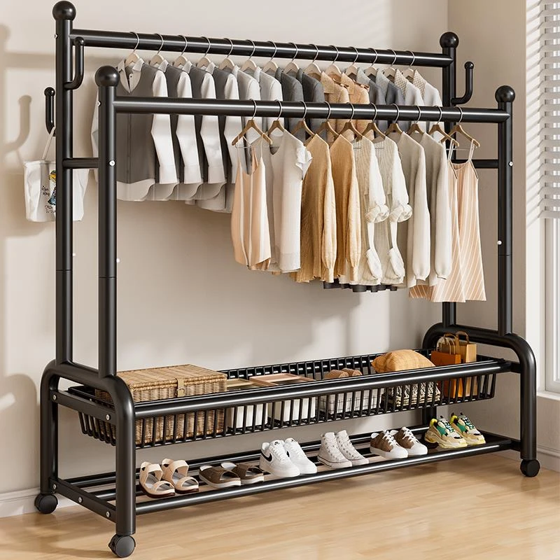 FAVMARTHA挂衣架卧室落地家用房间室内双杆晾晒衣服架子可移动多