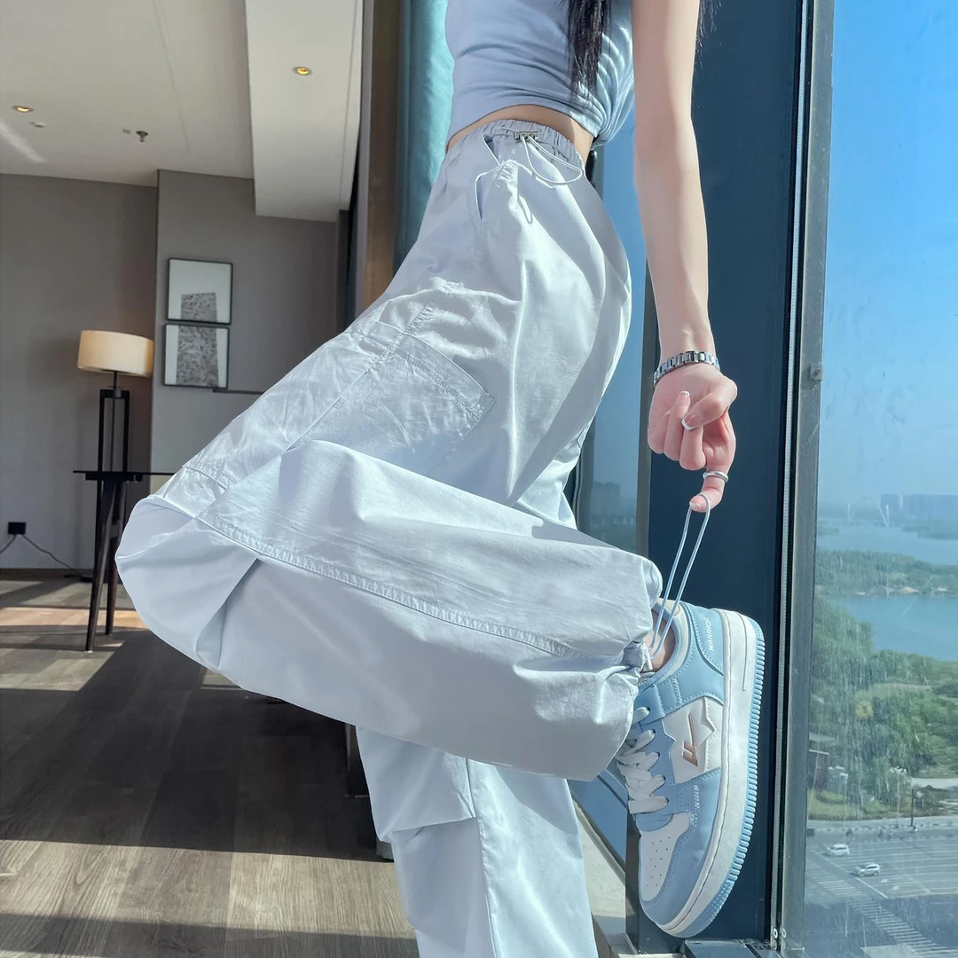 雪千羽冰丝速干阔腿工装裤女夏薄款松紧腰宽松直筒束脚登山运动裤