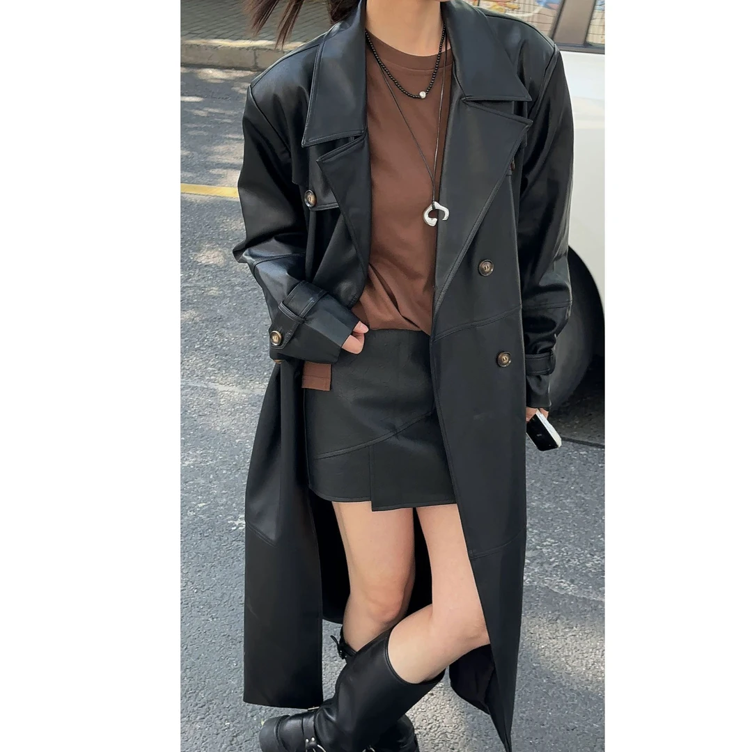 春季女宽松黑色长款皮风衣春秋气质复古机车服