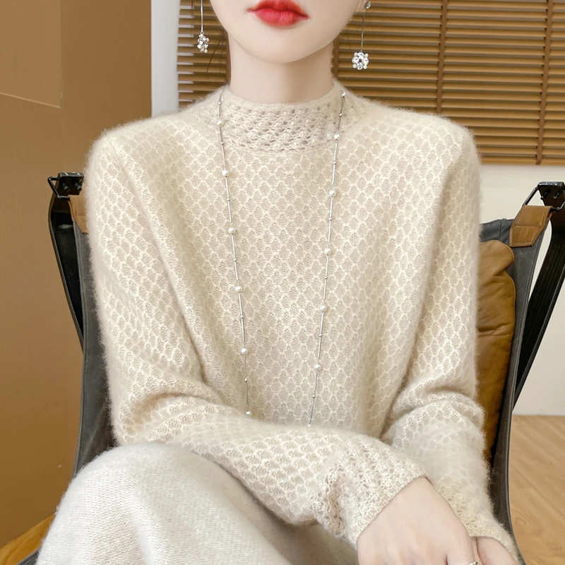 【商场新款】重工蜂窝设计纯羊毛衫女半高领宽松气质打底衫女D306