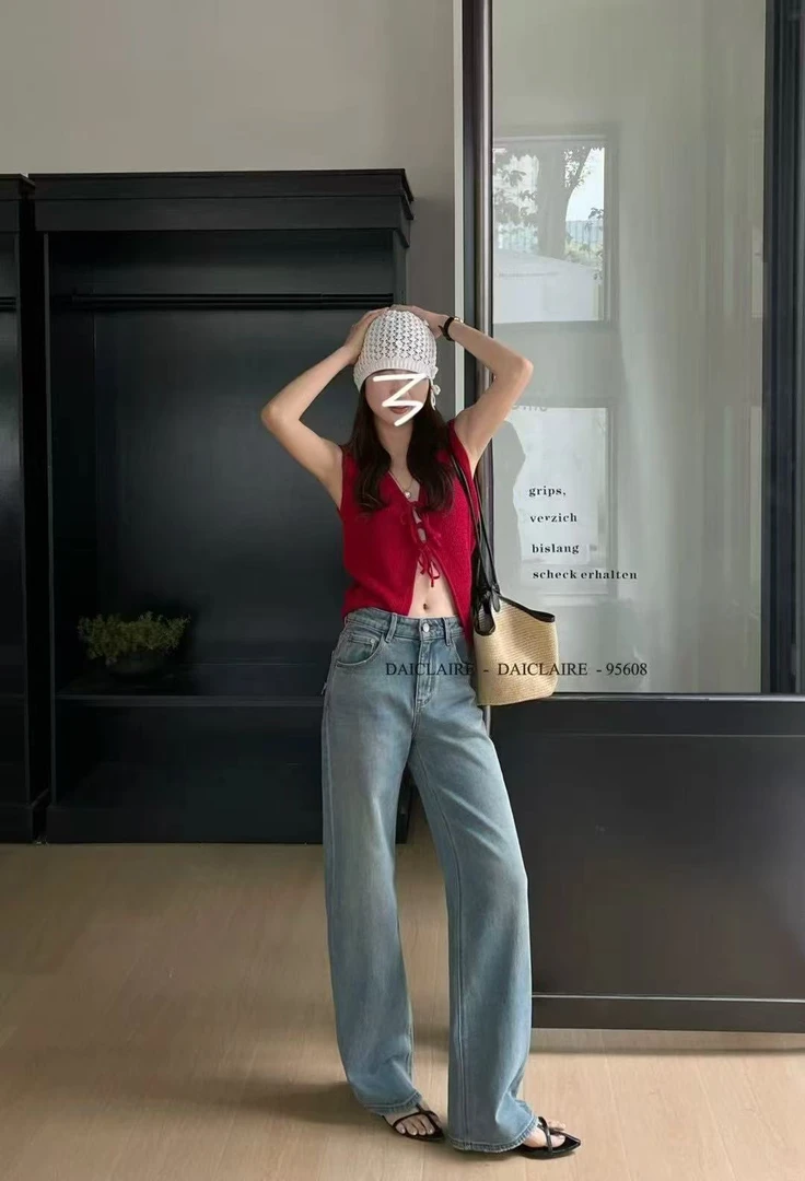 代嘉儿牛仔裤女春款微弹窄版阔腿直筒裤95608