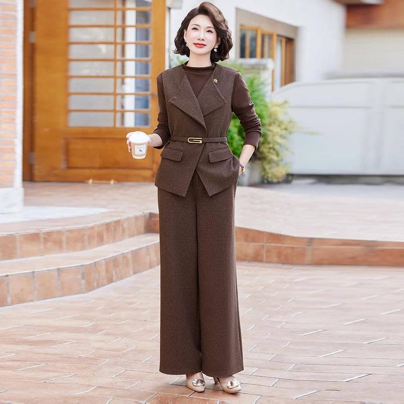 罗蒙中年妈妈春秋季套装中老年洋气西装马甲阔太太内搭休闲三件套
