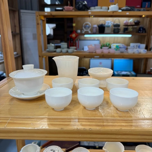 晟翔陶瓷茶具羊脂玉玉城纯白盖碗10件套