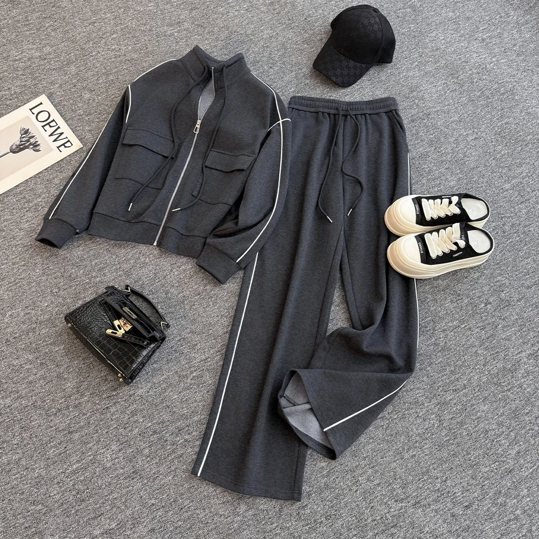 韩版休闲运动套装秋季新款女时尚减龄灰色立领卫衣直筒长裤两件套