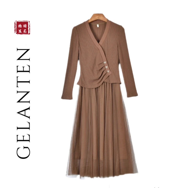 【T1366】同款纯色显瘦针织上衣网纱吊带裙两件套裙