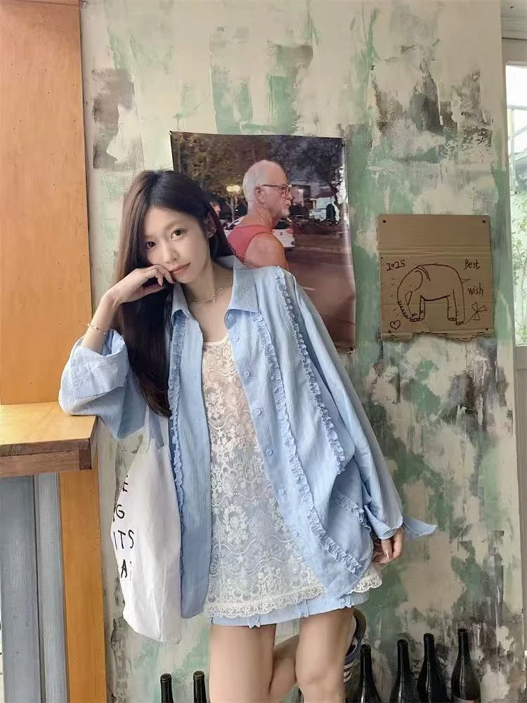 木耳边polo领防晒衬衫外套＋短裙女装夏季慵懒风宽松中长款衬衣