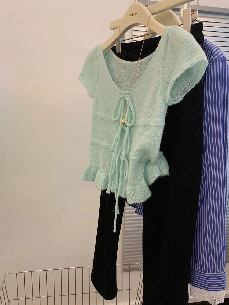 多巴胺紫色蝴蝶结系带短袖针织t恤2025夏季新款修身显瘦上衣小众