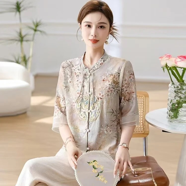 中年妈妈夏装中袖新中式衬衫中老年国风时尚两件套气质596-291