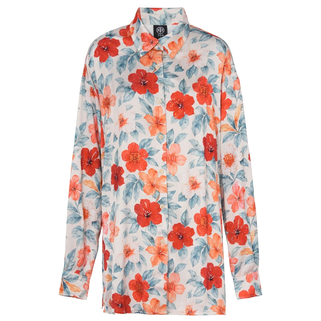 TCH轻奢烫钻工艺花卉老花时尚花色衬衫女T75A13E1002私服tch