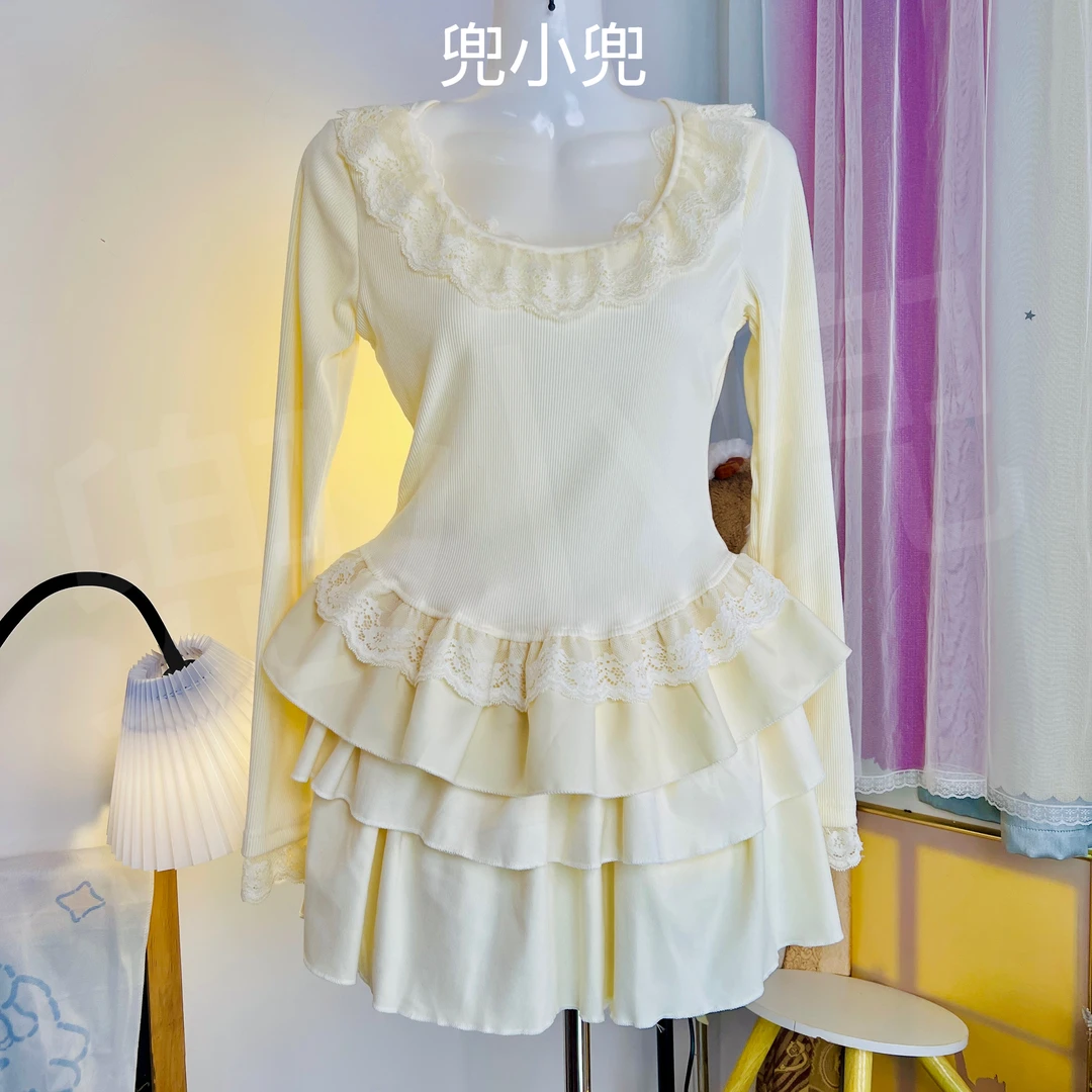 纯欲辣妹蕾丝边拼接设计感上衣衫女冬春气质高腰显瘦蓬蓬裙两件套