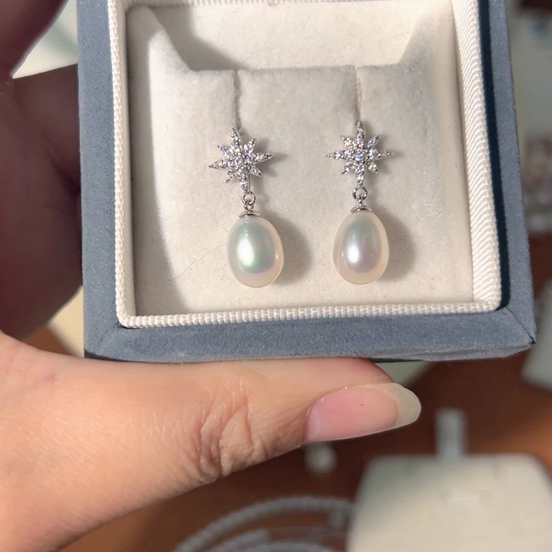 通体S925极光天然珍珠银S925镶嵌淡水珍珠