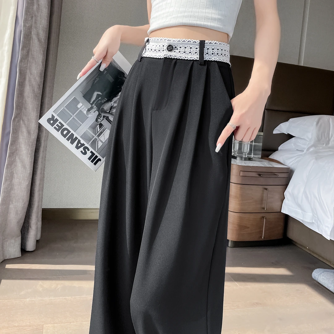 黑色蕾丝高腰西裤阔腿裤直筒裤子2025新款宽松休闲西装裤子