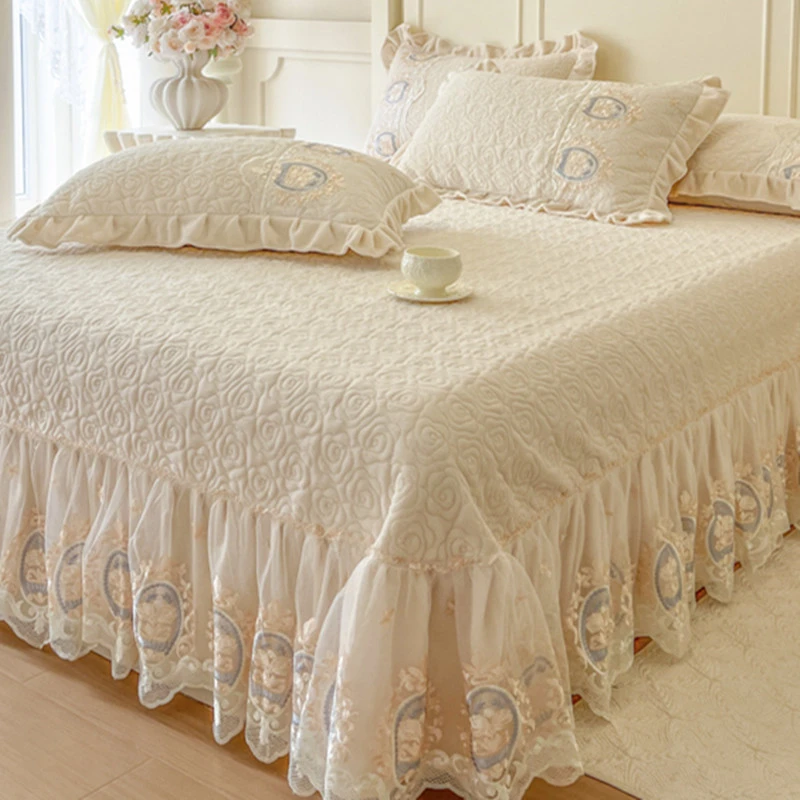 欧式牛奶绒夹棉床盖加绒加厚公主风绗缝防滑床单冬保暖床裙式床盖