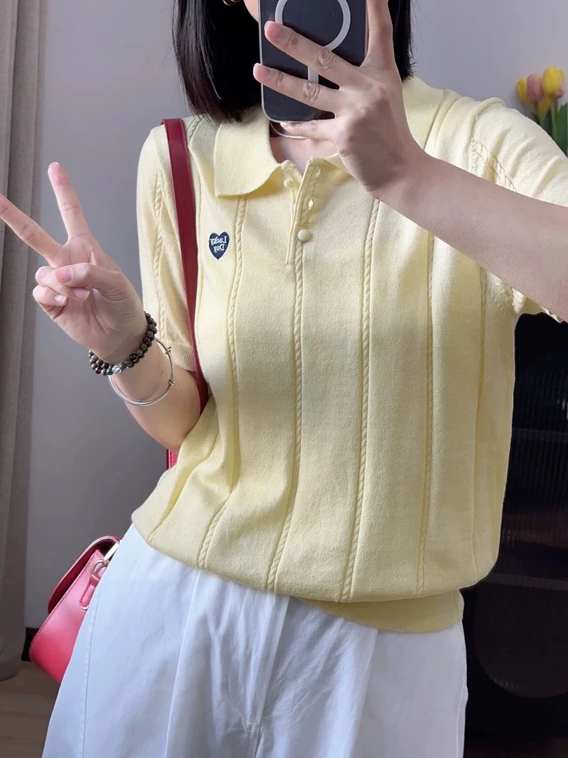 2025年夏季新款爱心刺绣miu系冰丝正肩学院风气质显瘦popl衫A36