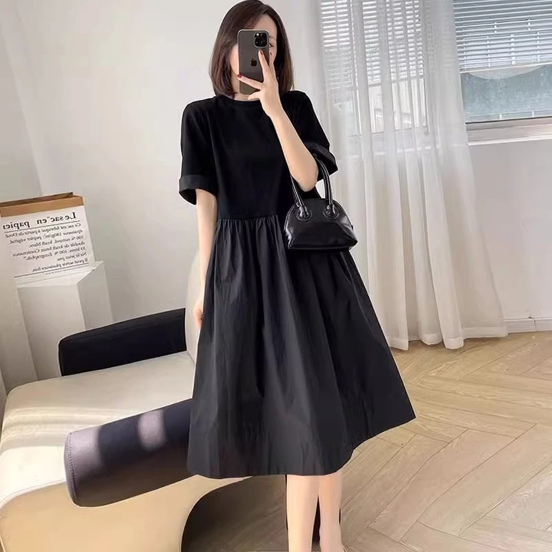 大码女装法式复古赫本风连衣裙女夏季中长款t恤宽松显瘦小众A字裙