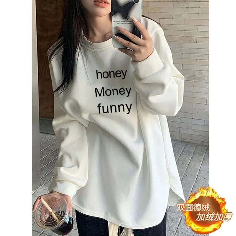 重磅t恤白色打底衫女春季加绒保暖宽松慵懒风大版内搭长袖上衣ins