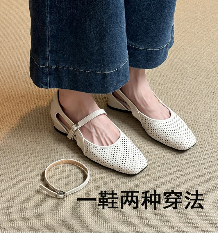 软皮~法式凉单鞋女方头镂空洞洞鞋复古透气百搭一鞋两穿玛丽珍鞋