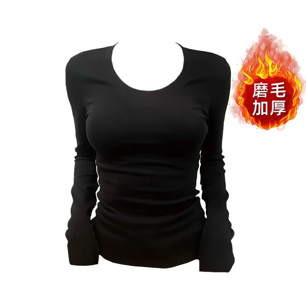 大码女装微胖mm正肩圆领磨毛加厚长袖T恤修身显瘦上衣纯色打底衫