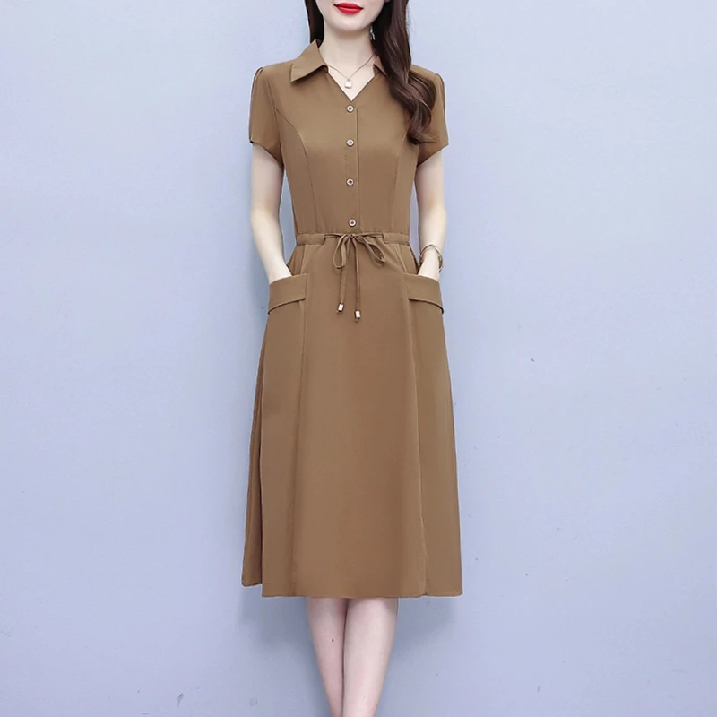 有口袋纯色大码连衣裙2025新款夏季遮肚显瘦中长款洋气收腰裙子夏