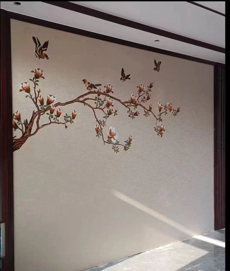 新中式刺绣独绣工艺背景墙花鸟系列鹊返鸾回刺绣墙布尺寸可定制