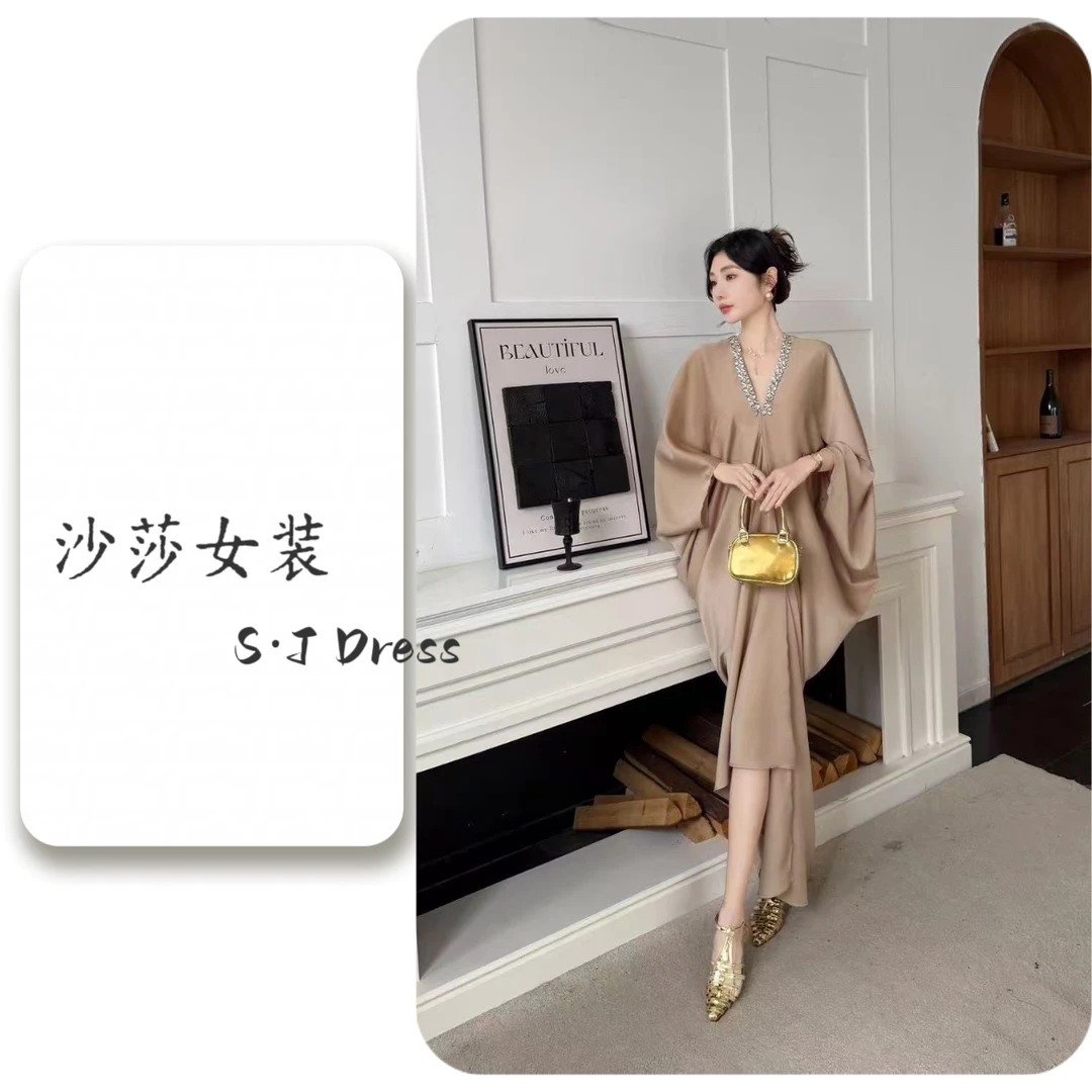 【端雅】气质名媛连衣裙重工钉钻设计显瘦宽松法式优雅长裙