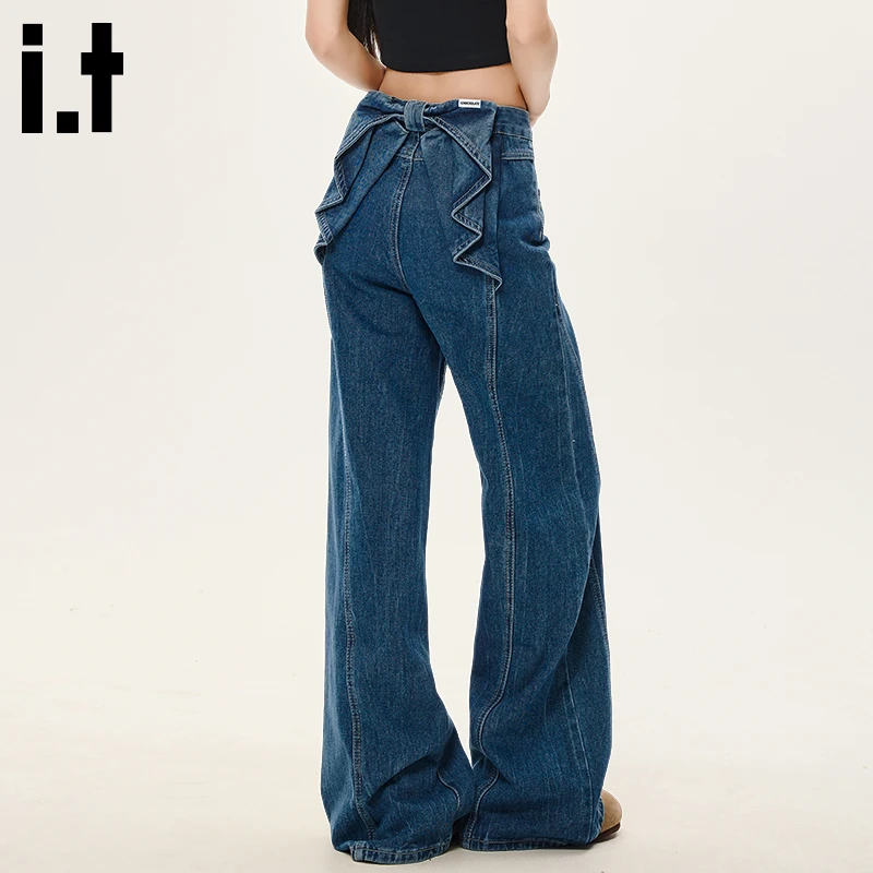 i.t:CHOCOOLATE蝴蝶结微喇牛仔裤女款秋冬美式蓝色宽松直筒喇叭裤