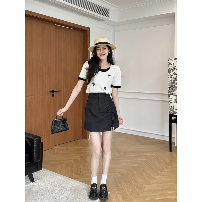 张阿星【晚风少女】天丝法式撞色短袖+高腰显瘦A字裙裤  W425S10880