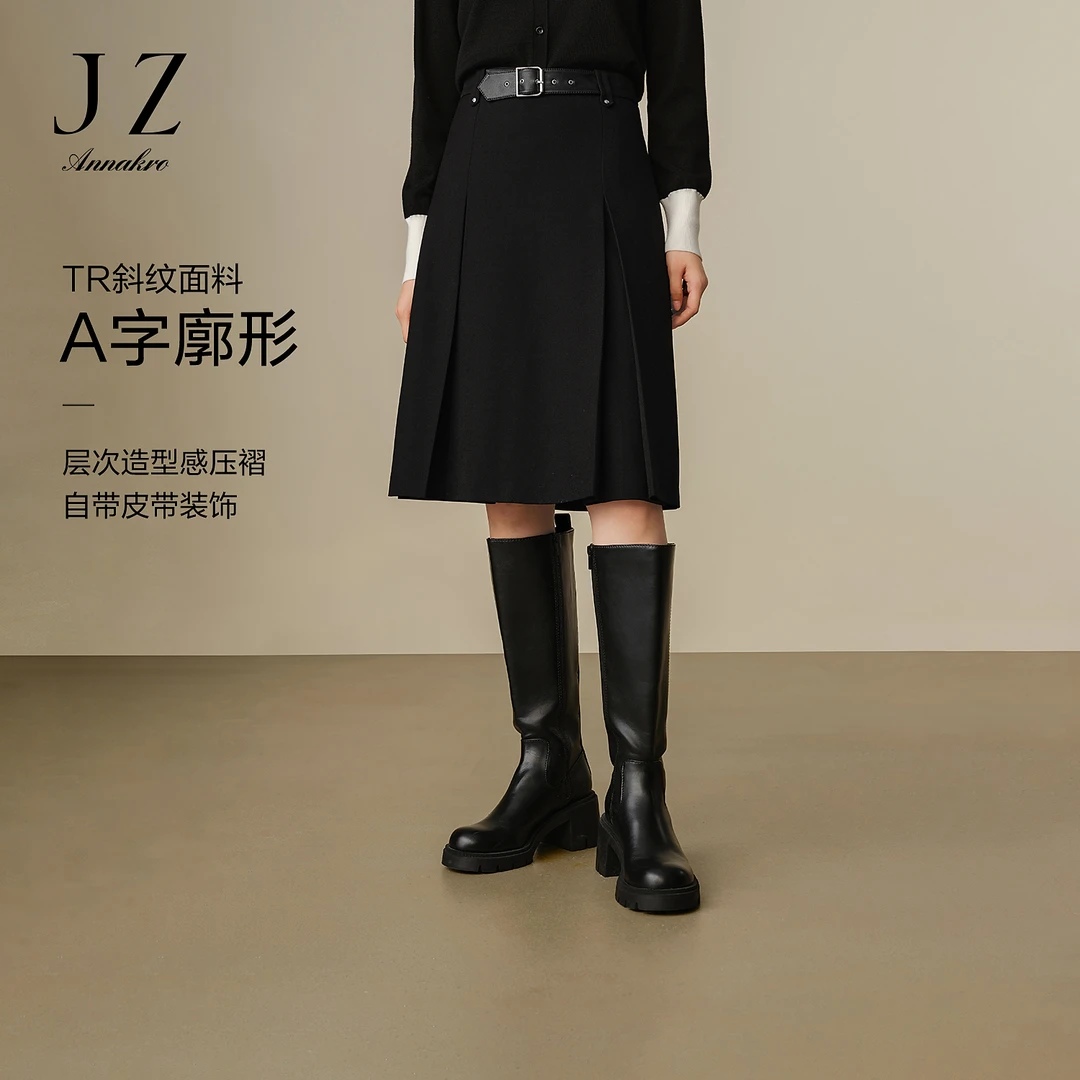 【丽公主专属】玖姿安娜蔻JTED20106都市学院风高智感压褶厚实A裙半