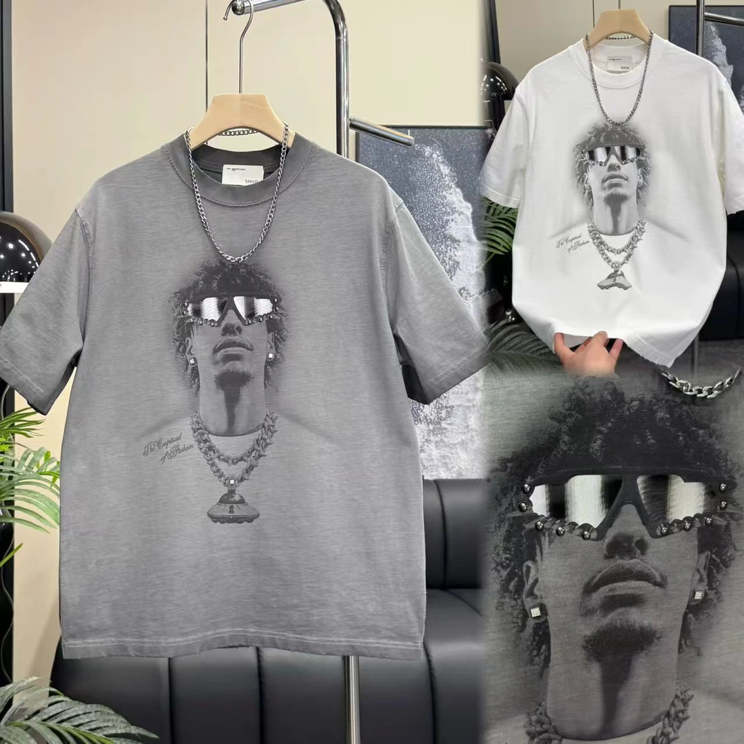 重磅纯棉水洗铆钉亮钻重工品质微宽松版型潮款人物圆领半袖T恤651