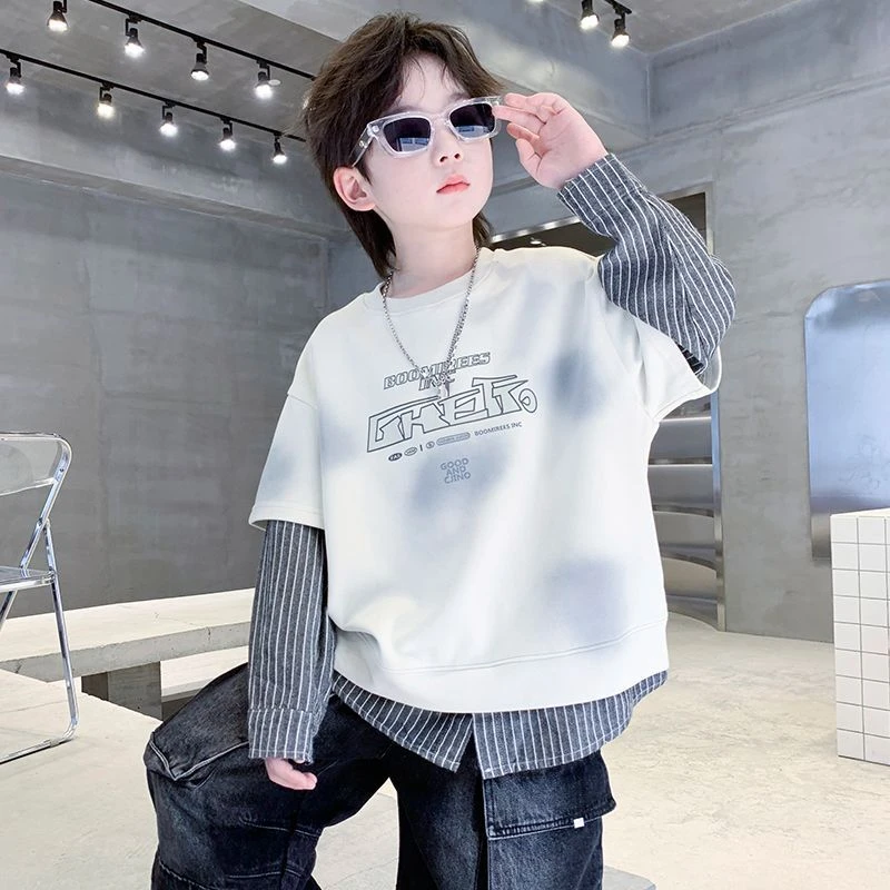 儿童装男童潮牌假两件卫衣春秋款2025新款中大童男孩春季痞帅上衣