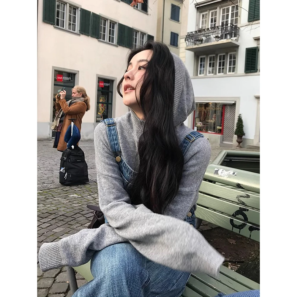 韩版灰色连帽套头毛衣女春秋款加厚外穿百搭显瘦慵懒风针织衫上衣