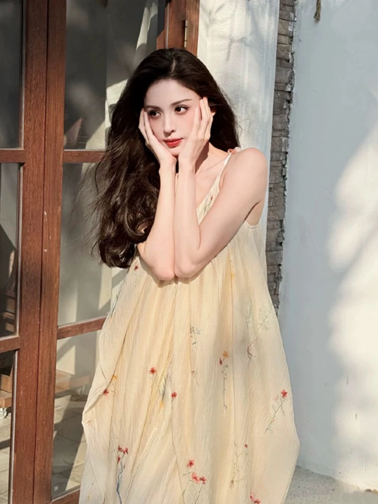 花颜颜仙女裙无袖围巾领吊带仙气度假风长裙汉服连衣裙