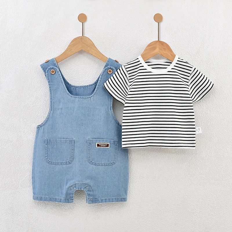 【夏季上新】婴儿牛仔套装夏季短袖儿童背带裤0-3宝宝衣服幼儿夏装