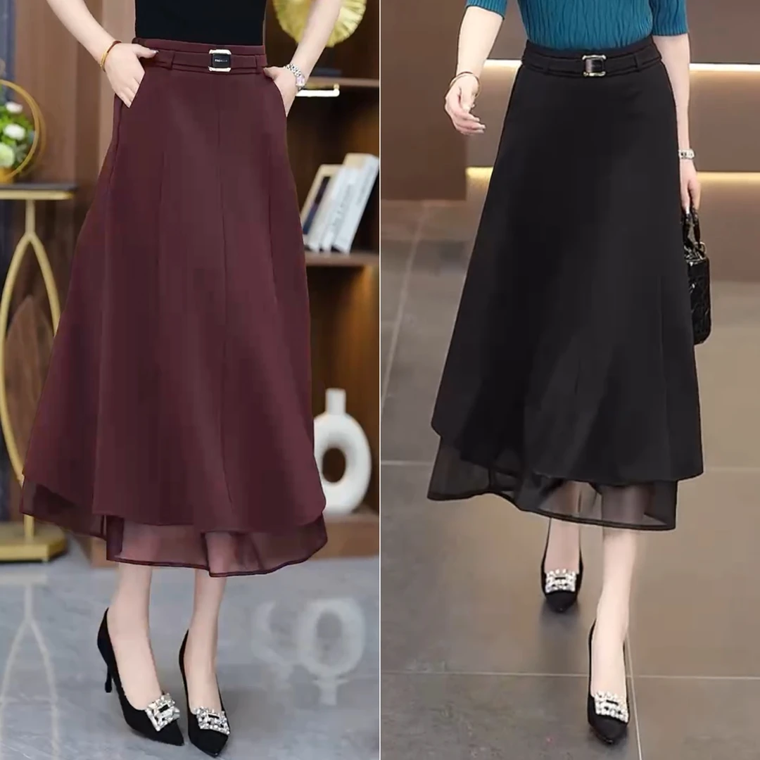 133#秋季新款垂感时尚半身裙中年高级网纱女人味八片半身裙