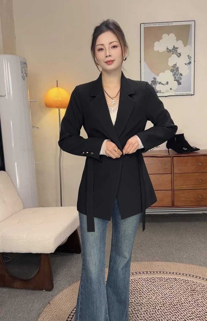 网红经典黑色西服修身时尚百搭春季新款2025中长款西服女款