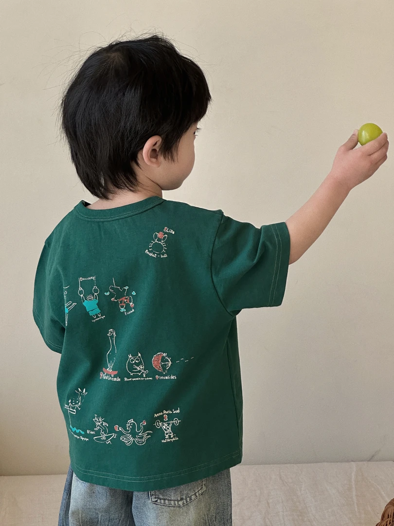 现货2025夏【运动会-插画系列】100%纯棉双纱平纹T水洗柔软CZ5X02