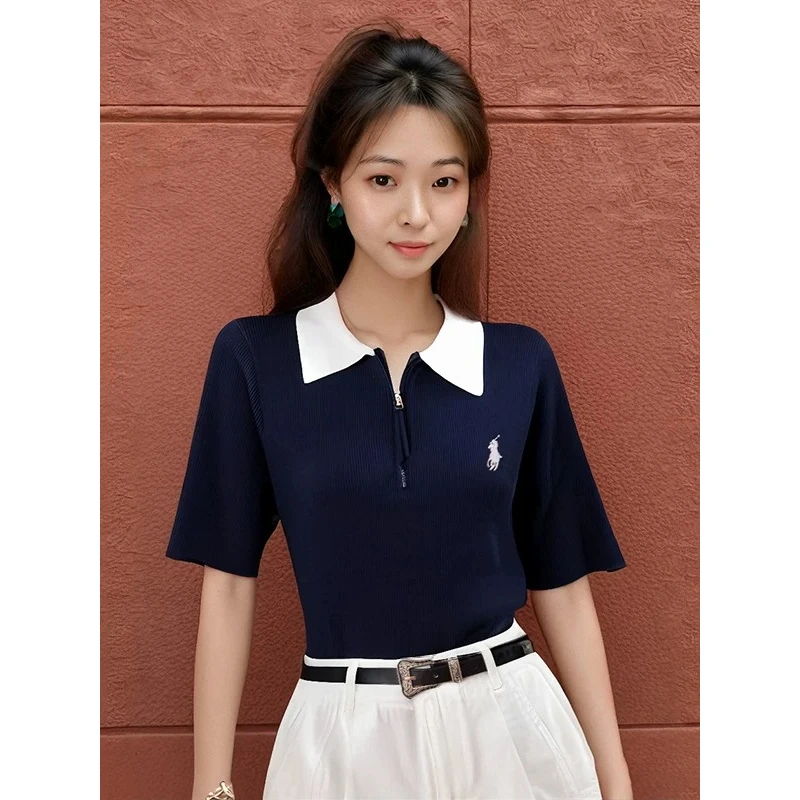 B25撞色刺绣时尚休闲T恤女冰丝夏季修身显瘦针织短袖上衣