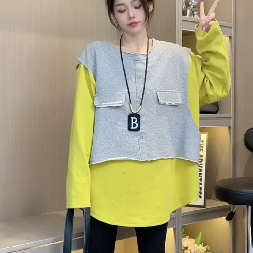 小小米粒-秋季新款洋气百搭休闲宽松大版型马夹假两件遮臀卫衣