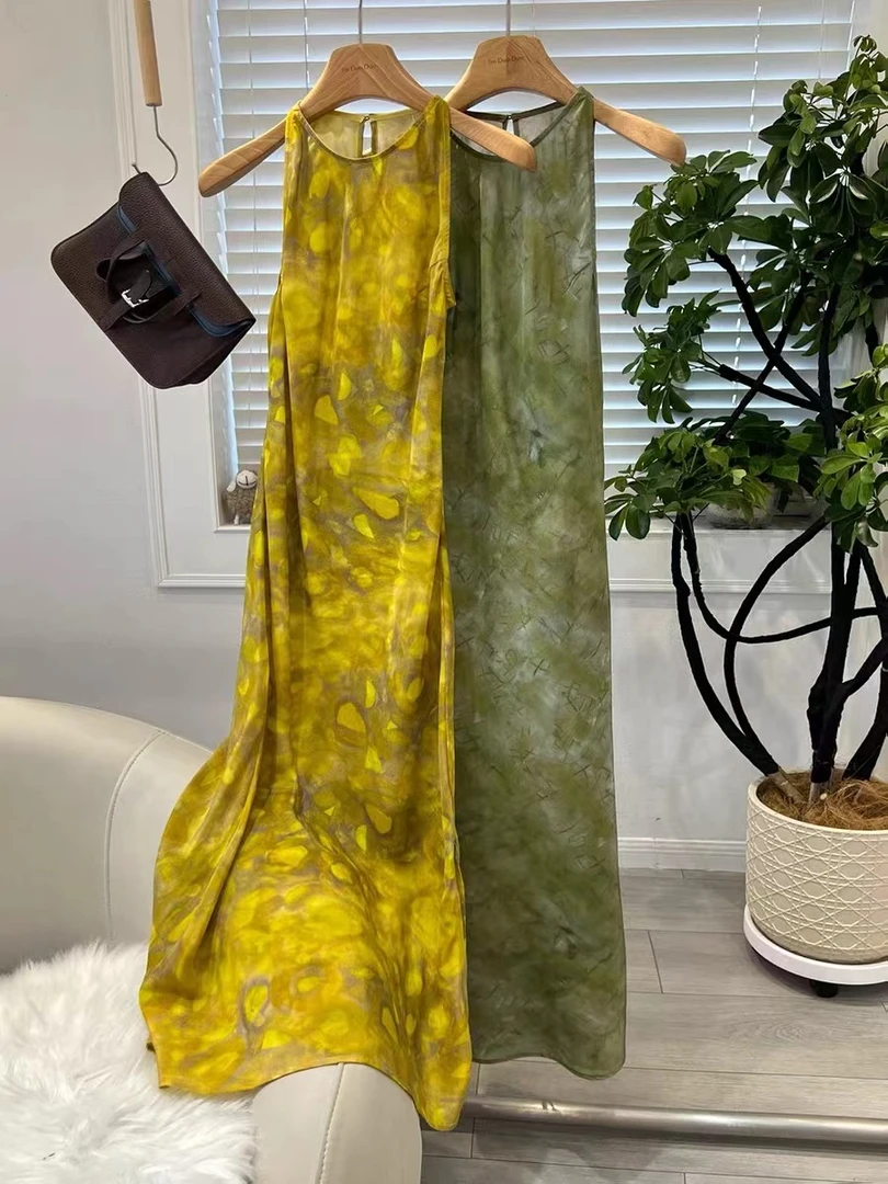 欧洲站夏季欧货时尚圆领侧开叉背心裙洋气桑蚕丝印花连衣裙