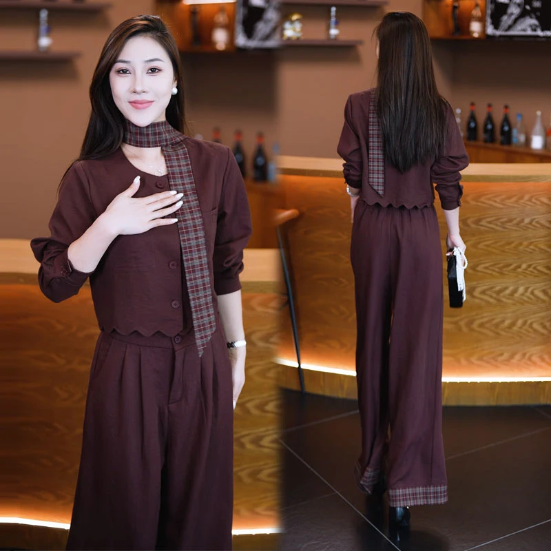 2025秋季新款气质休闲套装女时髦洋气小香风圆领上衣阔腿裤两件套