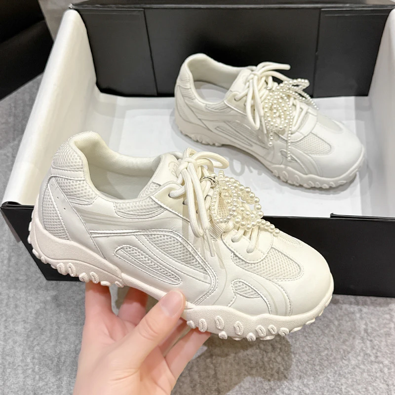 芭蕾风德训鞋女款2025夏季新款珍珠网面透气老爹鞋休闲运动阿甘鞋