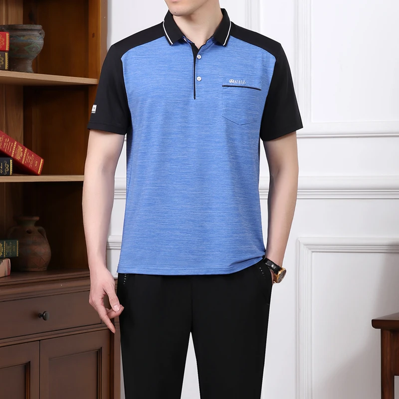 冰丝运动套装夏季男士短袖长裤拼色跑步休闲服翻领爸爸装两件套薄