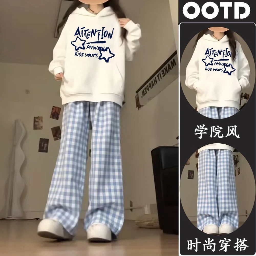 盐系学院风套装慵懒可爱猫咪刺绣假两件卫衣外套格子阔腿裤两件套