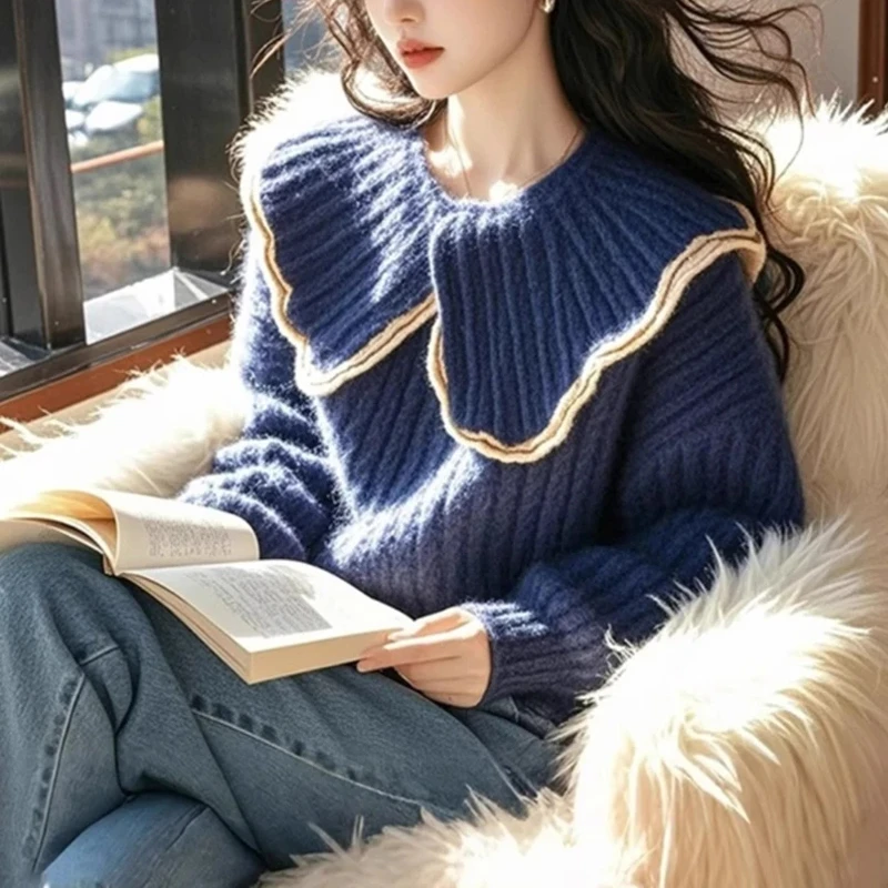 时尚大码娃娃领外穿针织衫上衣2025宽松显瘦洋气加厚撞色毛衣外套