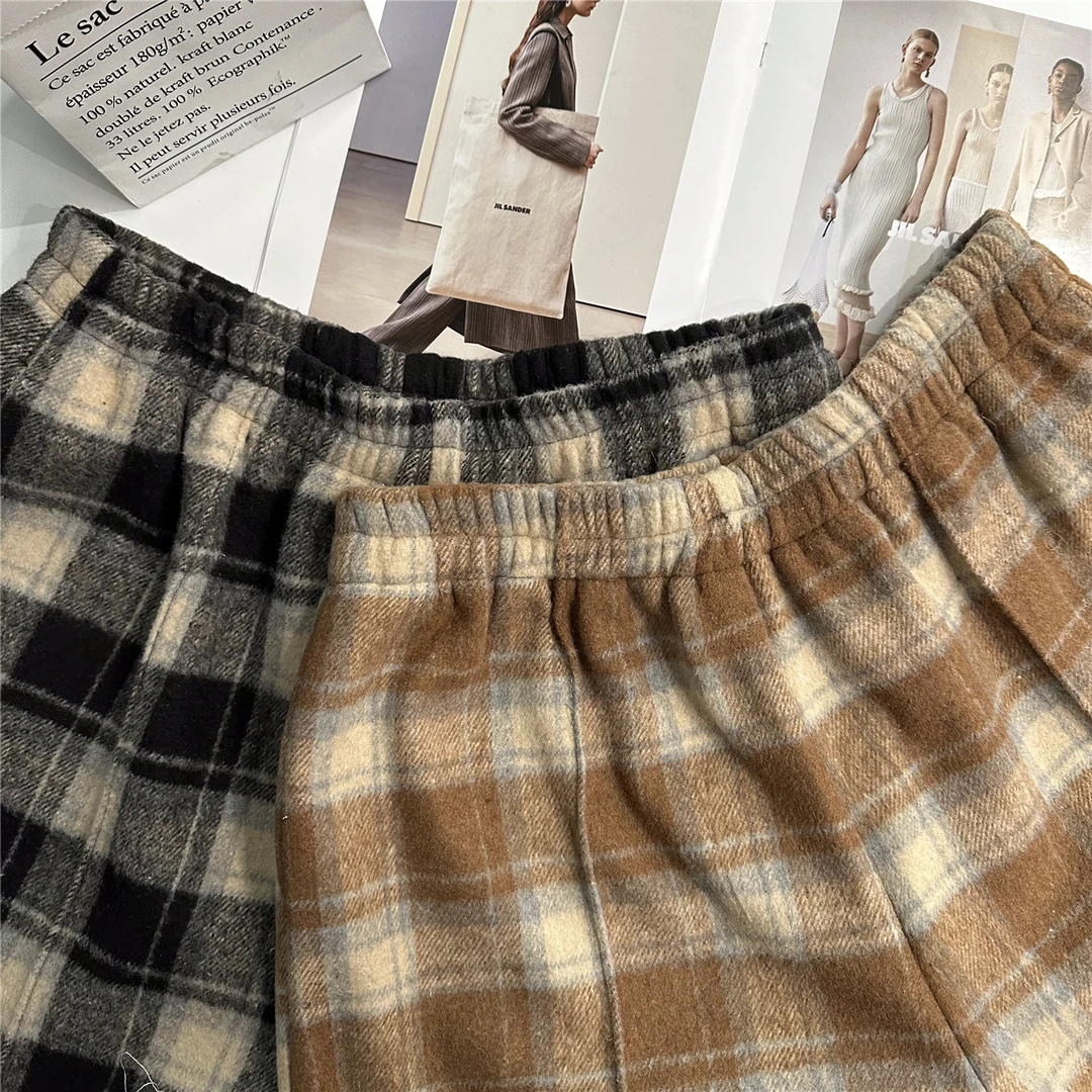 【瘦瘦】秋冬复古竖条加绒加厚直筒格子裤松紧腰休闲宽松百搭S0358