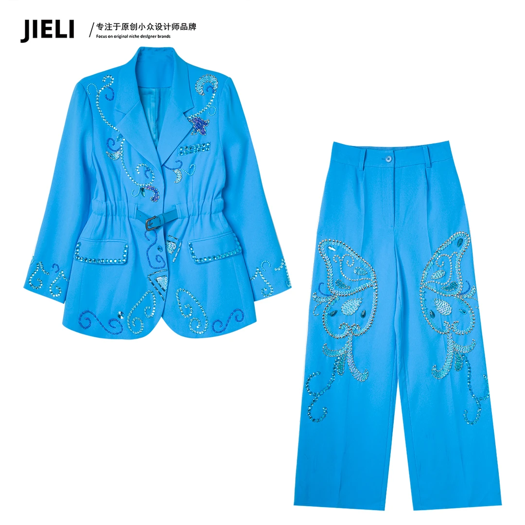 JIE LI/街力定制春季新款设计师潮流蓝色套装女Q7517