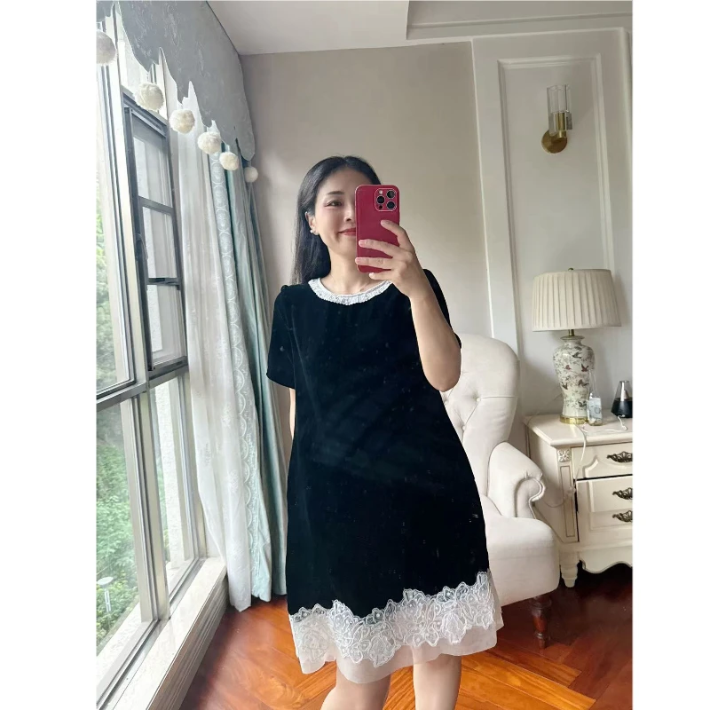 【若衣】桑蚕丝丝绒拼接撞色蕾丝下摆花边领宽松连衣裙250367