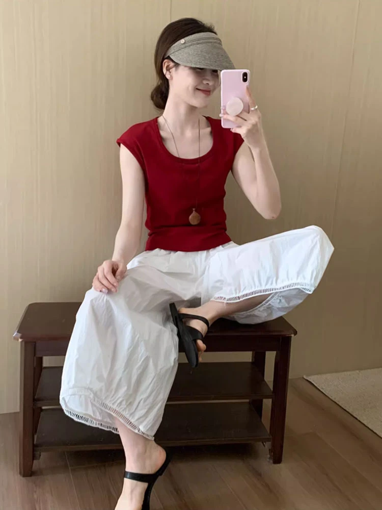 2025夏季新款韩系百搭纯色圆领短袖T恤高腰阔腿裤遮肉显瘦两件套