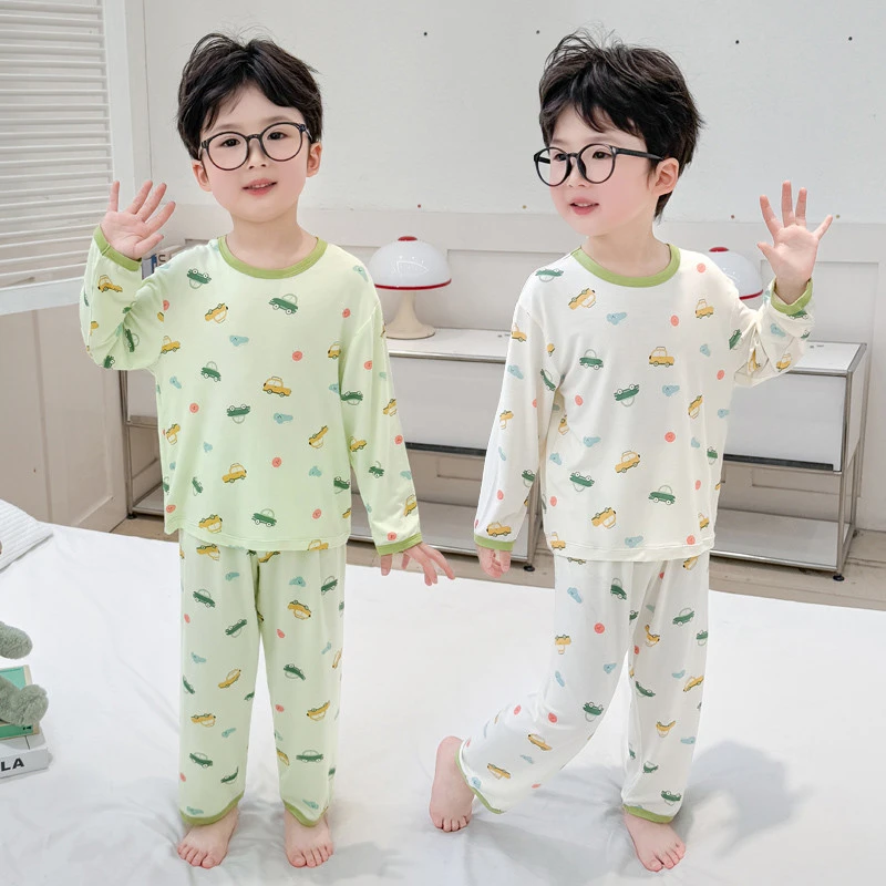 男童莫代尔睡衣夏季长袖2025新款男宝宝空调服薄款儿童家居服套装