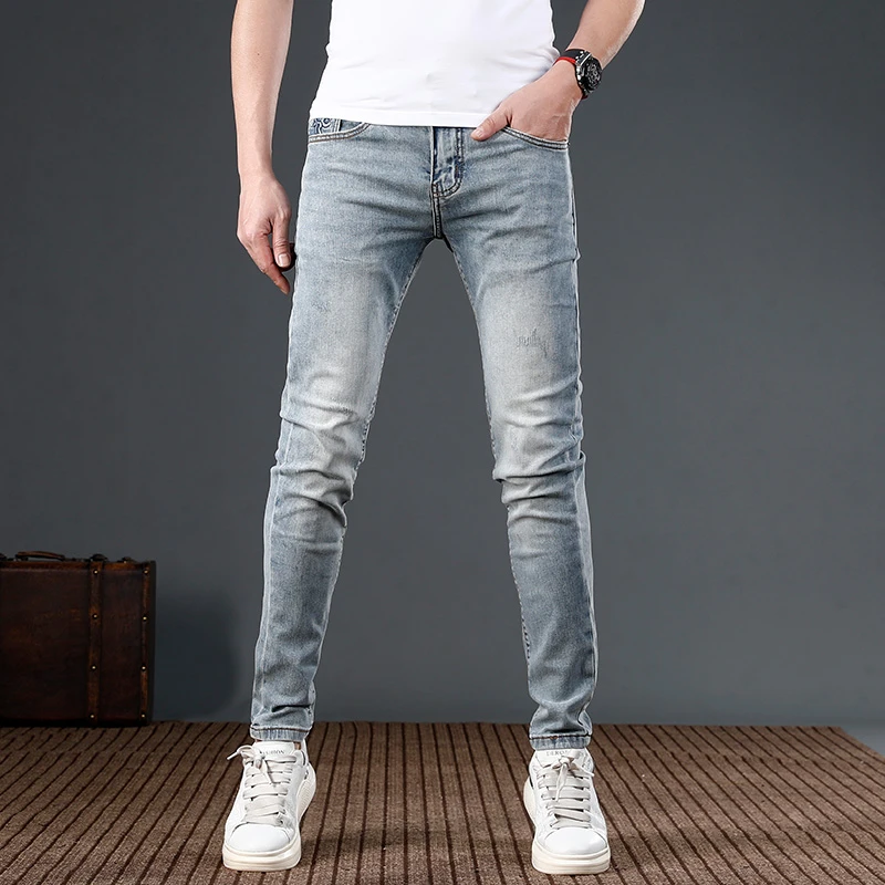 梵基弗奈浅蓝色修身小脚简约百搭男士牛仔裤夏季薄款弹力休闲裤子